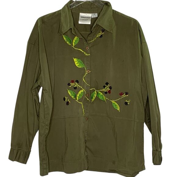 Michael Simon M Dark Green Olive Button Embellished Beaded Leaf Shirt Collared - Picture 1 of 9